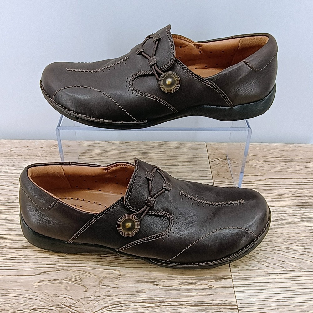 Clarks Unstructured Womens 8 Brown Leather Slip On Casual Walking Comfort Shoes